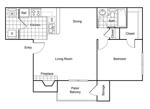 Floor plan for 1 bed, 1 bath, 700 sqft